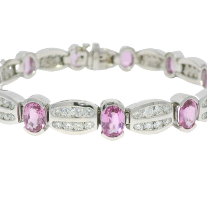14k White Gold Natural Oval Shape Pink Sapphire & Diamond Bracelet