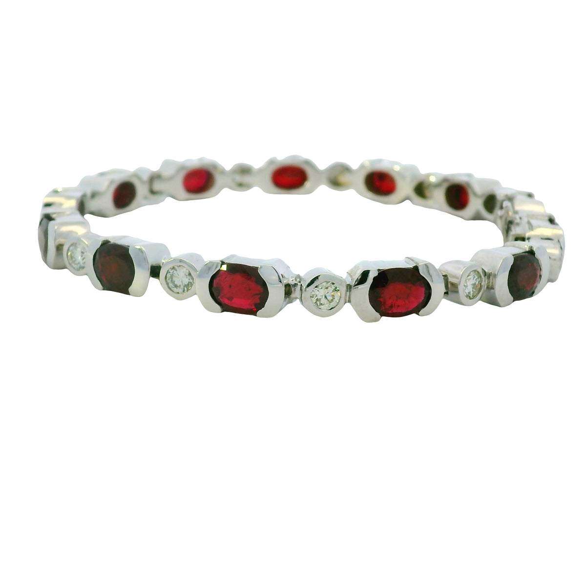 14K White Gold Oval Shape Ruby & Diamond Bezel Set Station Bracelet