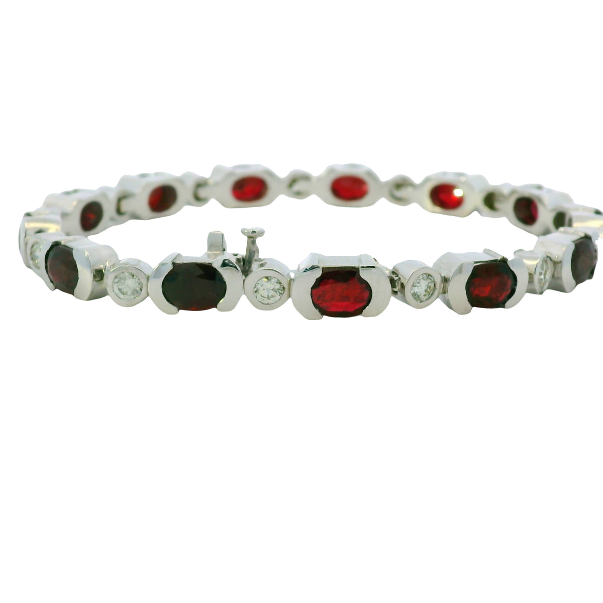 14K White Gold Oval Shape Ruby & Diamond Bezel Set Station Bracelet