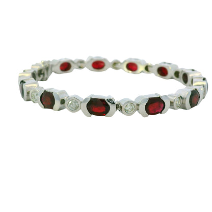 14K White Gold Oval Shape Ruby & Diamond Bezel Set Station Bracelet