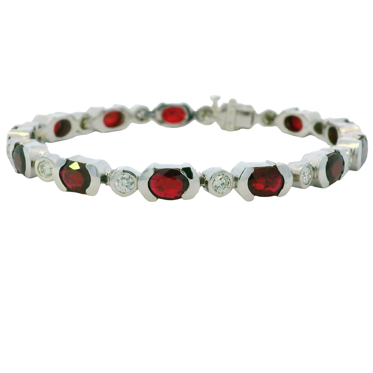14K White Gold Oval Shape Ruby & Diamond Bezel Set Station Bracelet