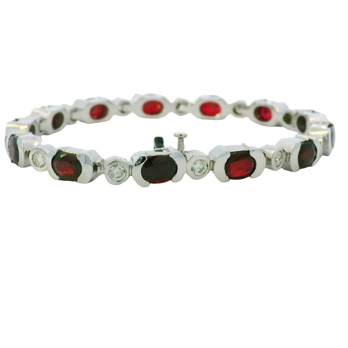 14K White Gold Oval Shape Ruby & Diamond Bezel Set Station Bracelet