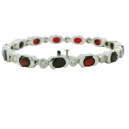 14K White Gold Oval Shape Ruby & Diamond Bezel Set Station Bracelet
