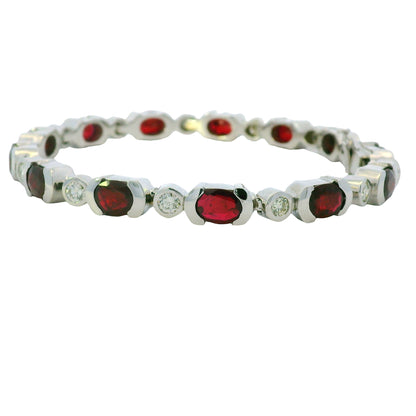 14K White Gold Oval Shape Ruby & Diamond Bezel Set Station Bracelet