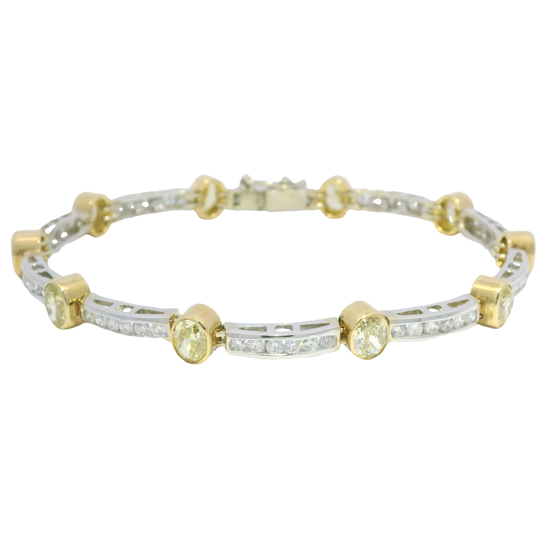 18k Two Tone Gold Natural Oval Shape Fancy Yellow Diamond Bar Bracelet