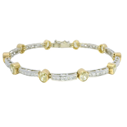 18k Two Tone Gold Natural Oval Shape Fancy Yellow Diamond Bar Bracelet