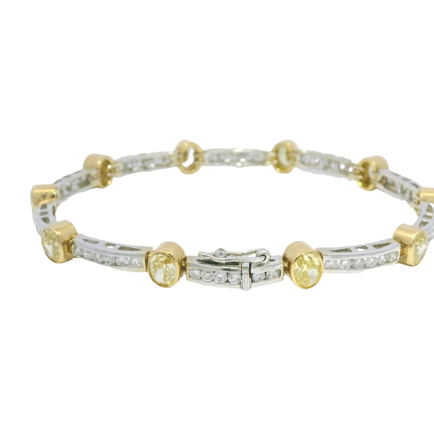 18k Two Tone Gold Natural Oval Shape Fancy Yellow Diamond Bar Bracelet