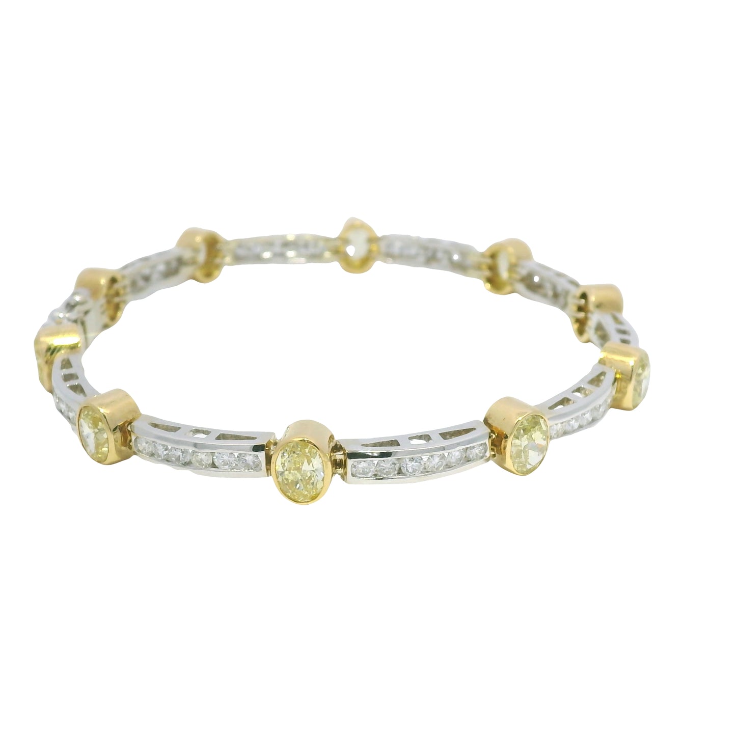 18k Two Tone Gold Natural Oval Shape Fancy Yellow Diamond Bar Bracelet
