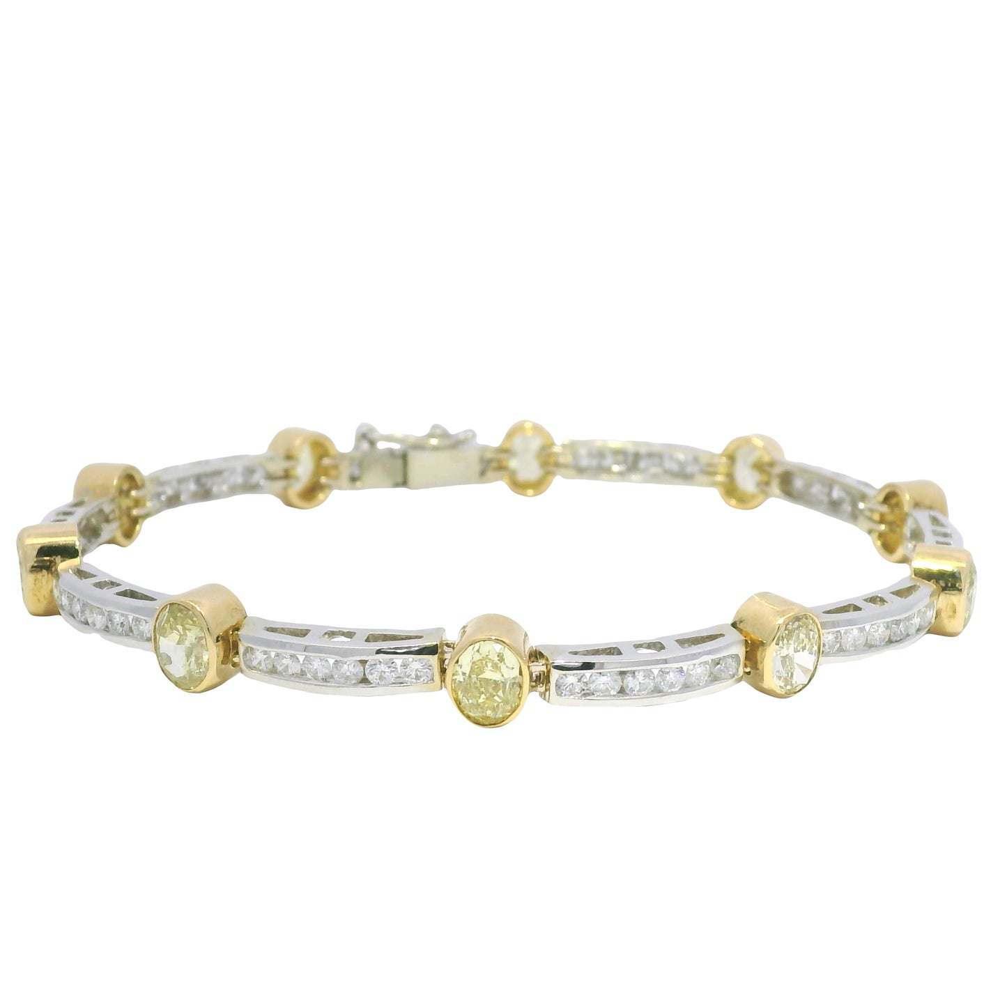 18k Two Tone Gold Natural Oval Shape Fancy Yellow Diamond Bar Bracelet