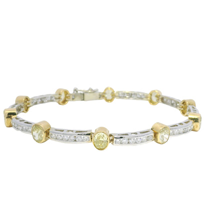 18k Two Tone Gold Natural Oval Shape Fancy Yellow Diamond Bar Bracelet