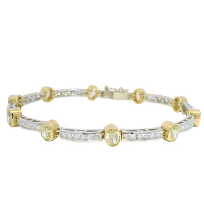18k Two Tone Gold Natural Oval Shape Fancy Yellow Diamond Bar Bracelet