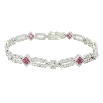 18k White Gold Natural Diamond & Ruby Square Station Bracelet