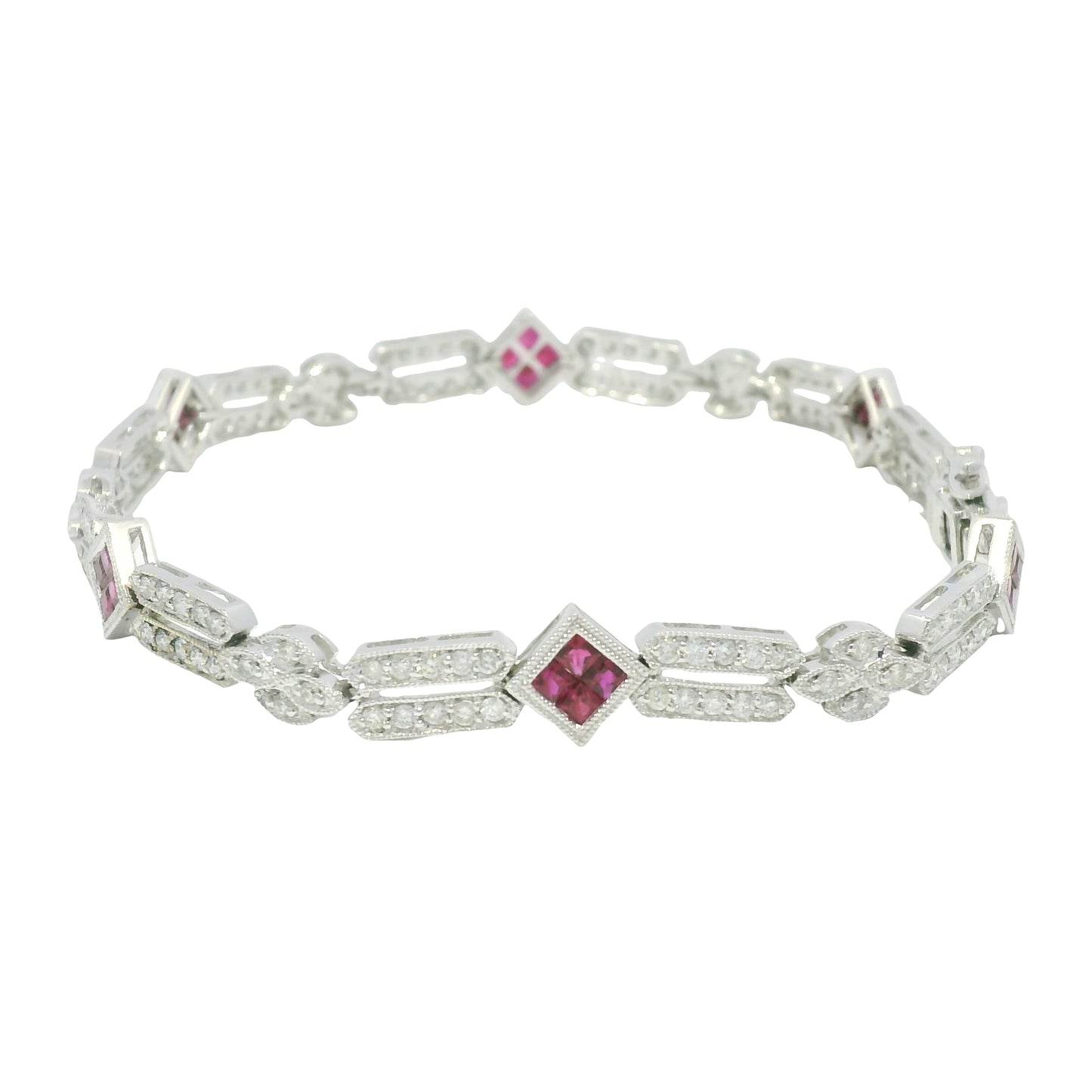 18k White Gold Natural Diamond & Ruby Square Station Bracelet
