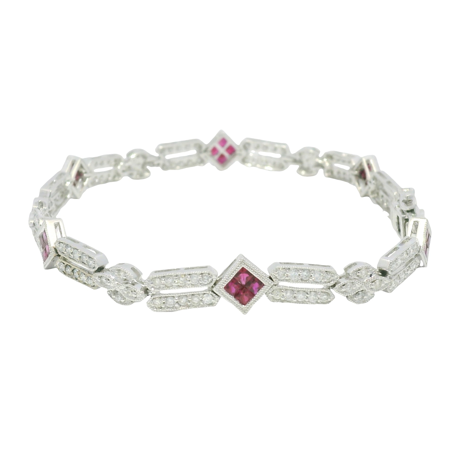 18k White Gold Natural Diamond & Ruby Square Station Bracelet