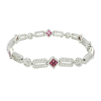 18k White Gold Natural Diamond & Ruby Square Station Bracelet