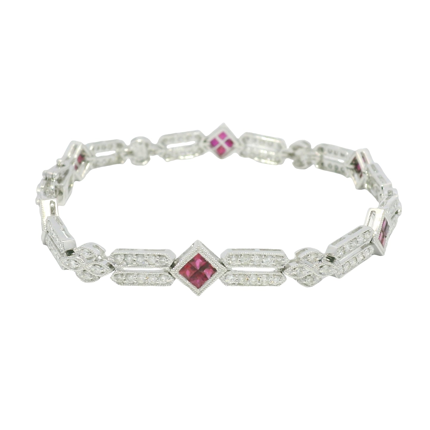 18k White Gold Natural Diamond & Ruby Square Station Bracelet