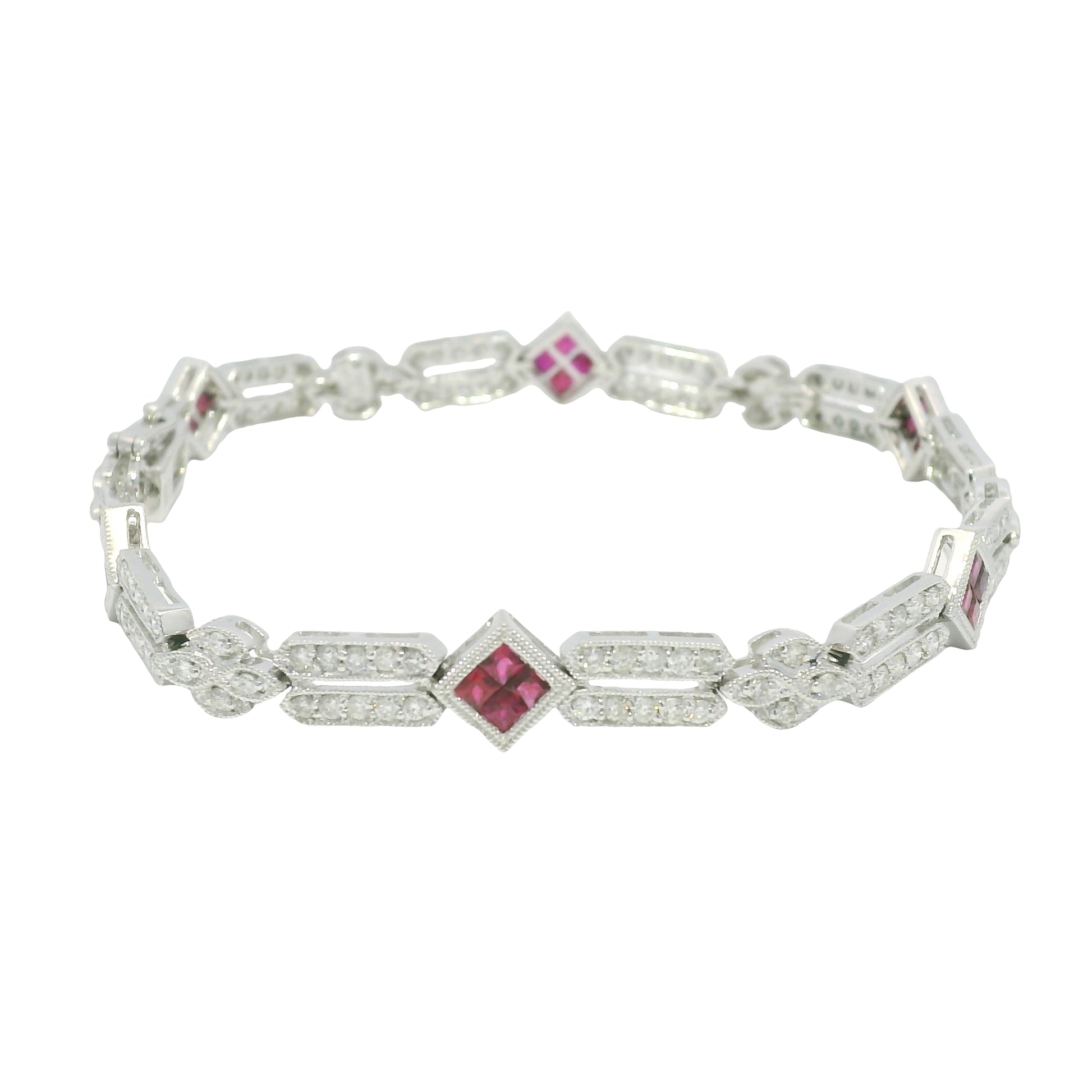 18k White Gold Natural Diamond & Ruby Square Station Bracelet