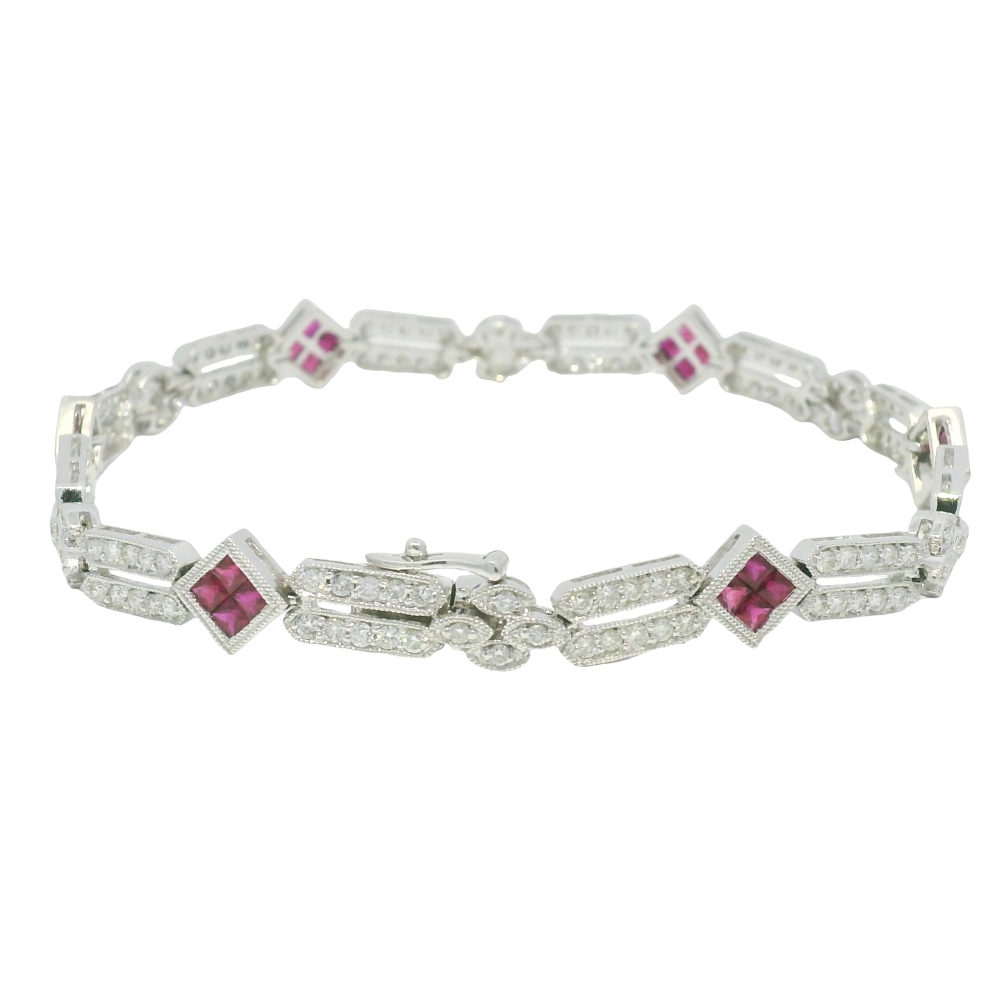 18k White Gold Natural Diamond & Ruby Square Station Bracelet