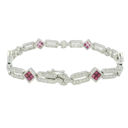 18k White Gold Natural Diamond & Ruby Square Station Bracelet