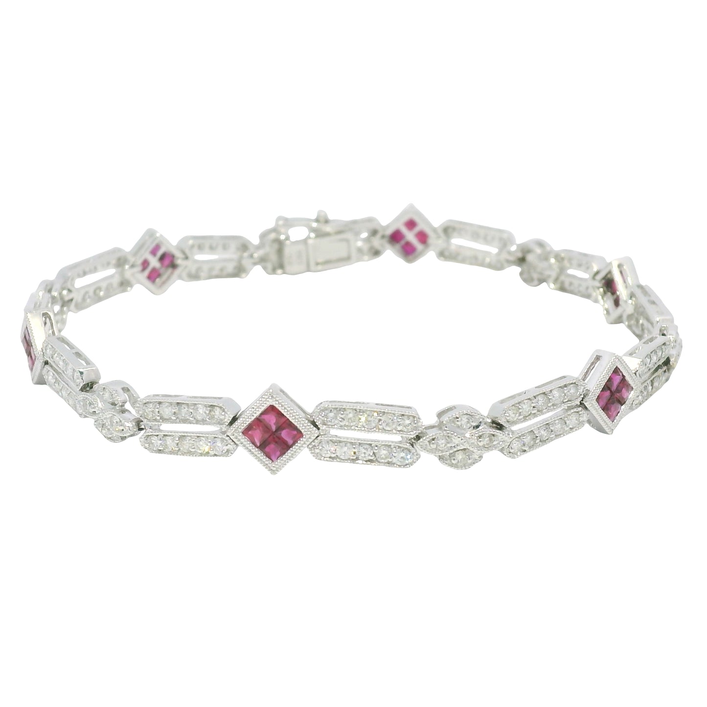 18k White Gold Natural Diamond & Ruby Square Station Bracelet