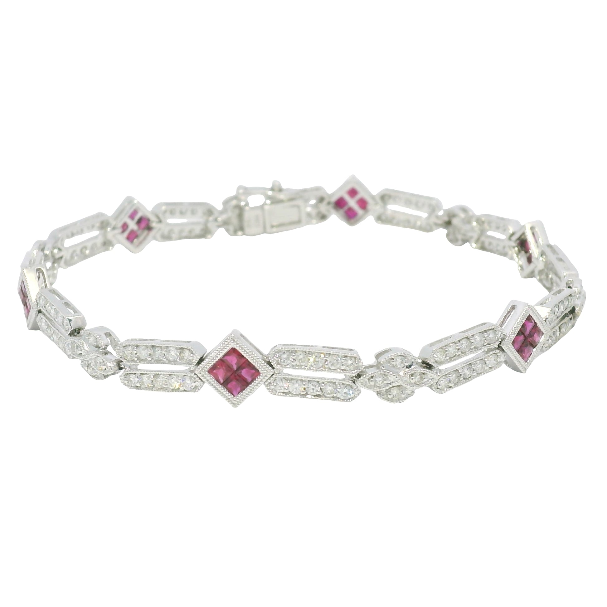 18k White Gold Natural Diamond & Ruby Square Station Bracelet