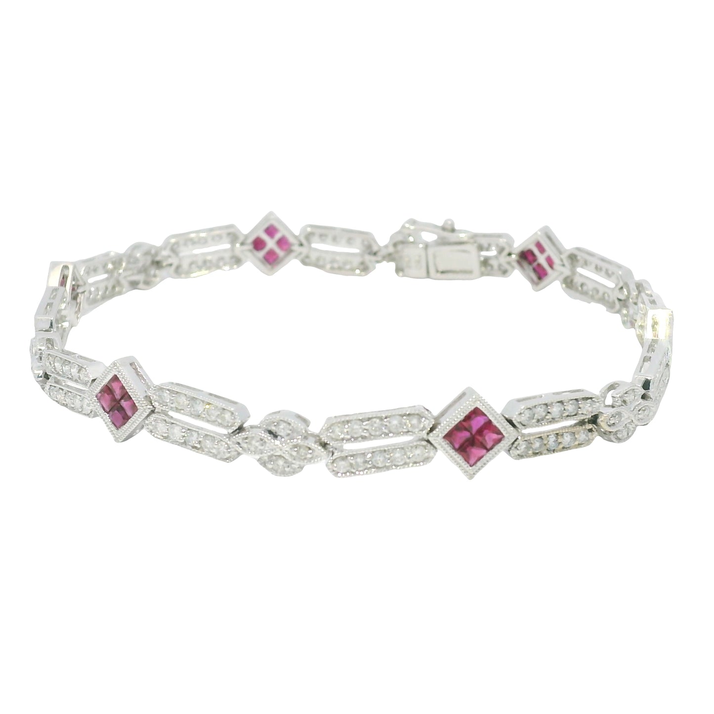 18k White Gold Natural Diamond & Ruby Square Station Bracelet
