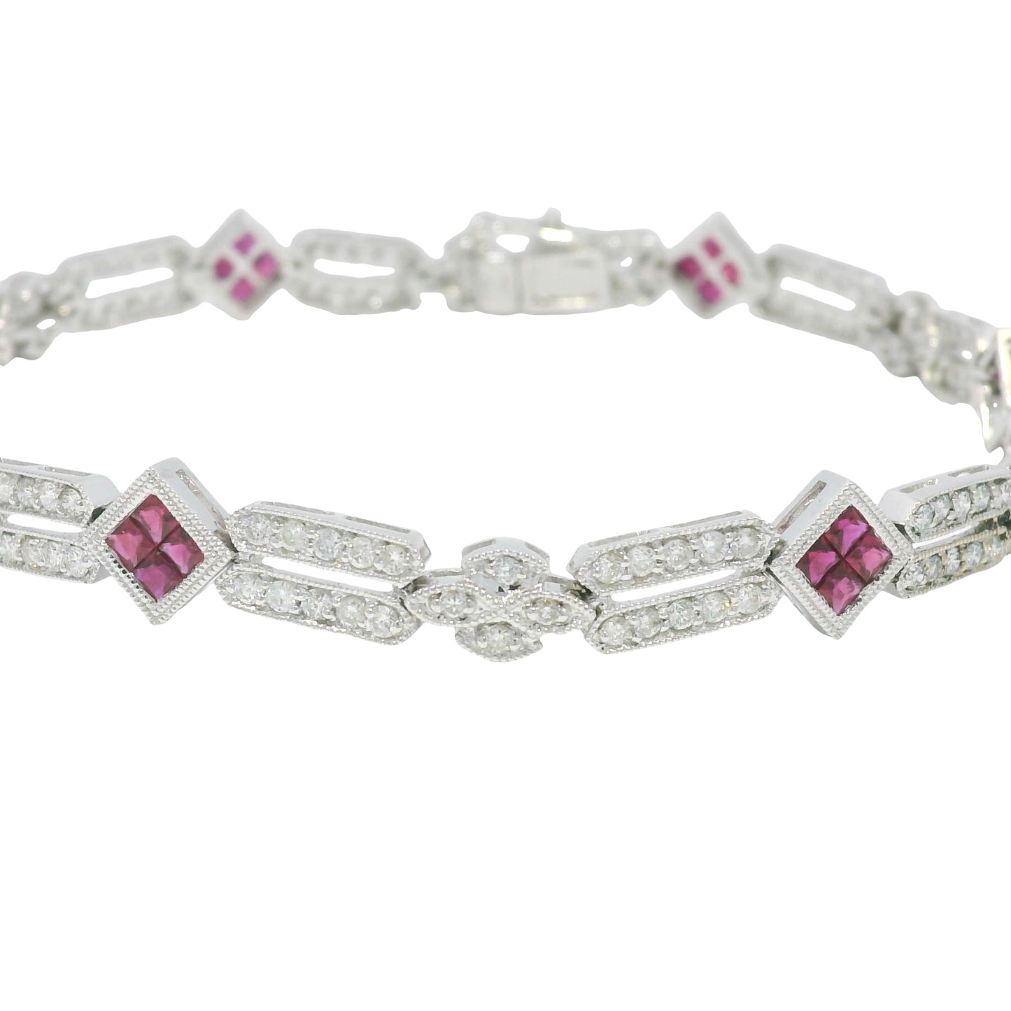 18k White Gold Natural Diamond & Ruby Square Station Bracelet