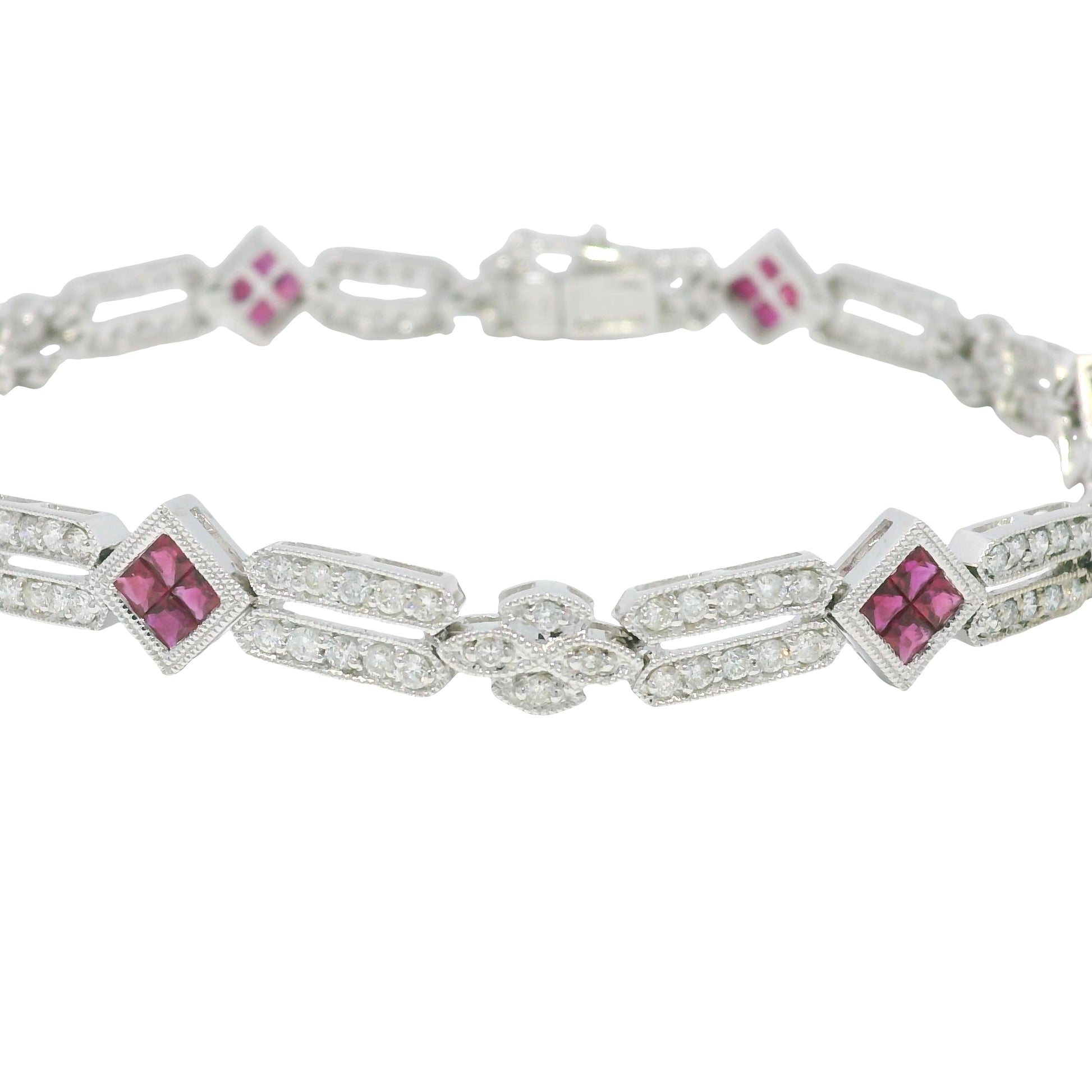 18k White Gold Natural Diamond & Ruby Square Station Bracelet