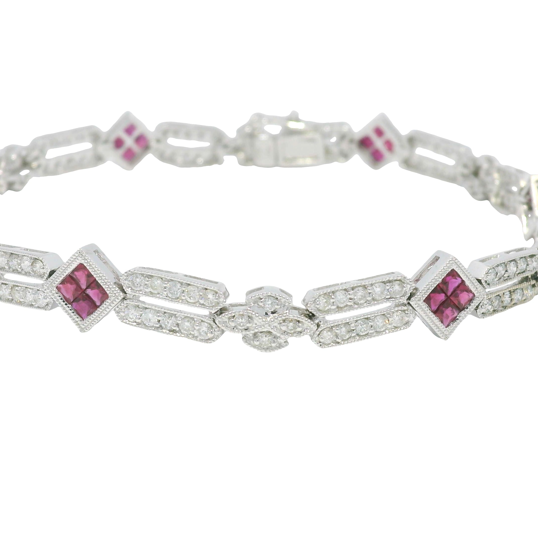 18k White Gold Natural Diamond & Ruby Square Station Bracelet