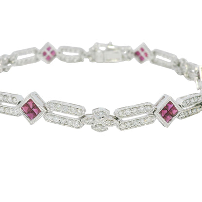 18k White Gold Natural Diamond & Ruby Square Station Bracelet
