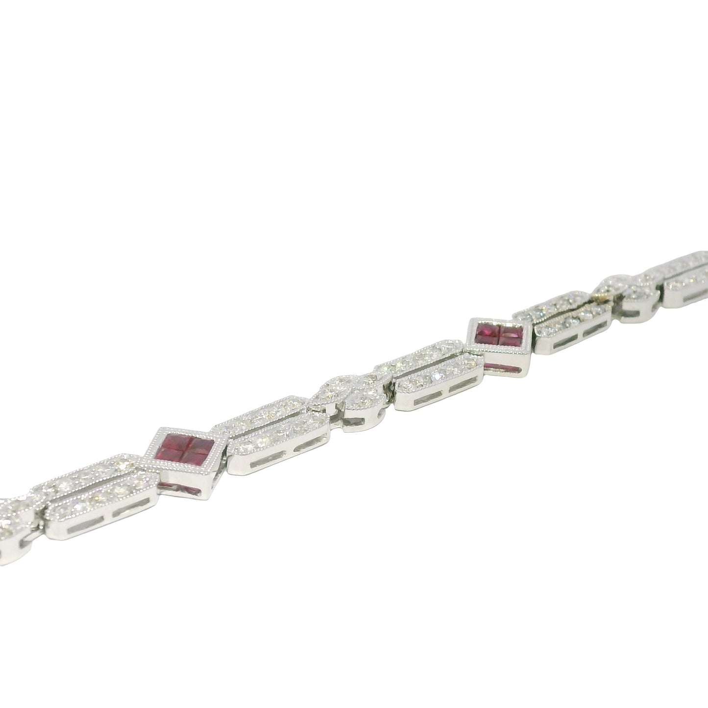 18k White Gold Natural Diamond & Ruby Square Station Bracelet
