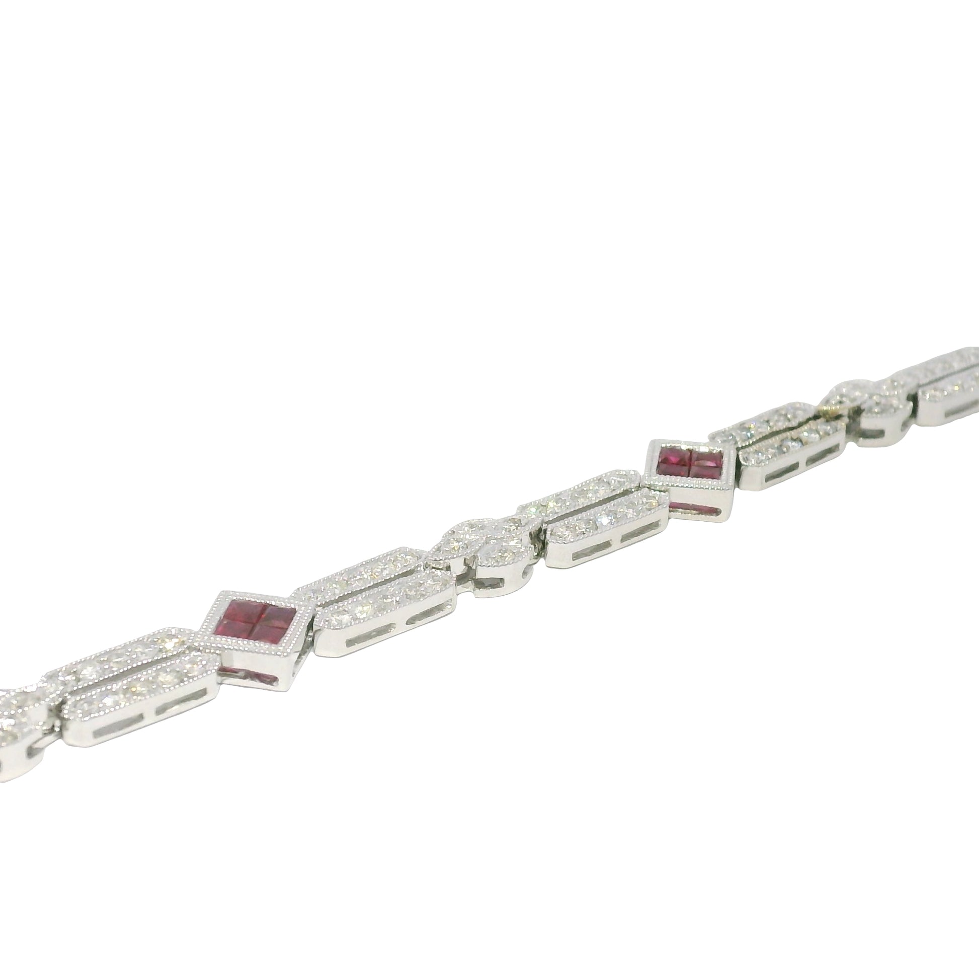 18k White Gold Natural Diamond & Ruby Square Station Bracelet