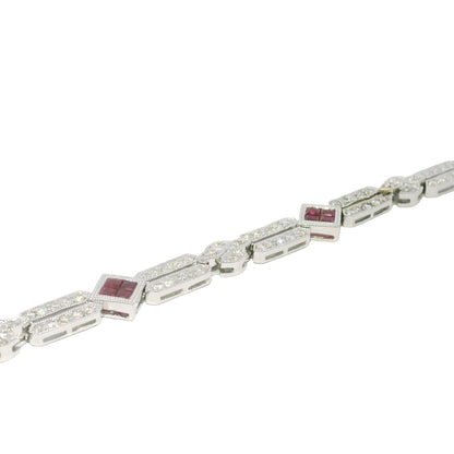 18k White Gold Natural Diamond & Ruby Square Station Bracelet