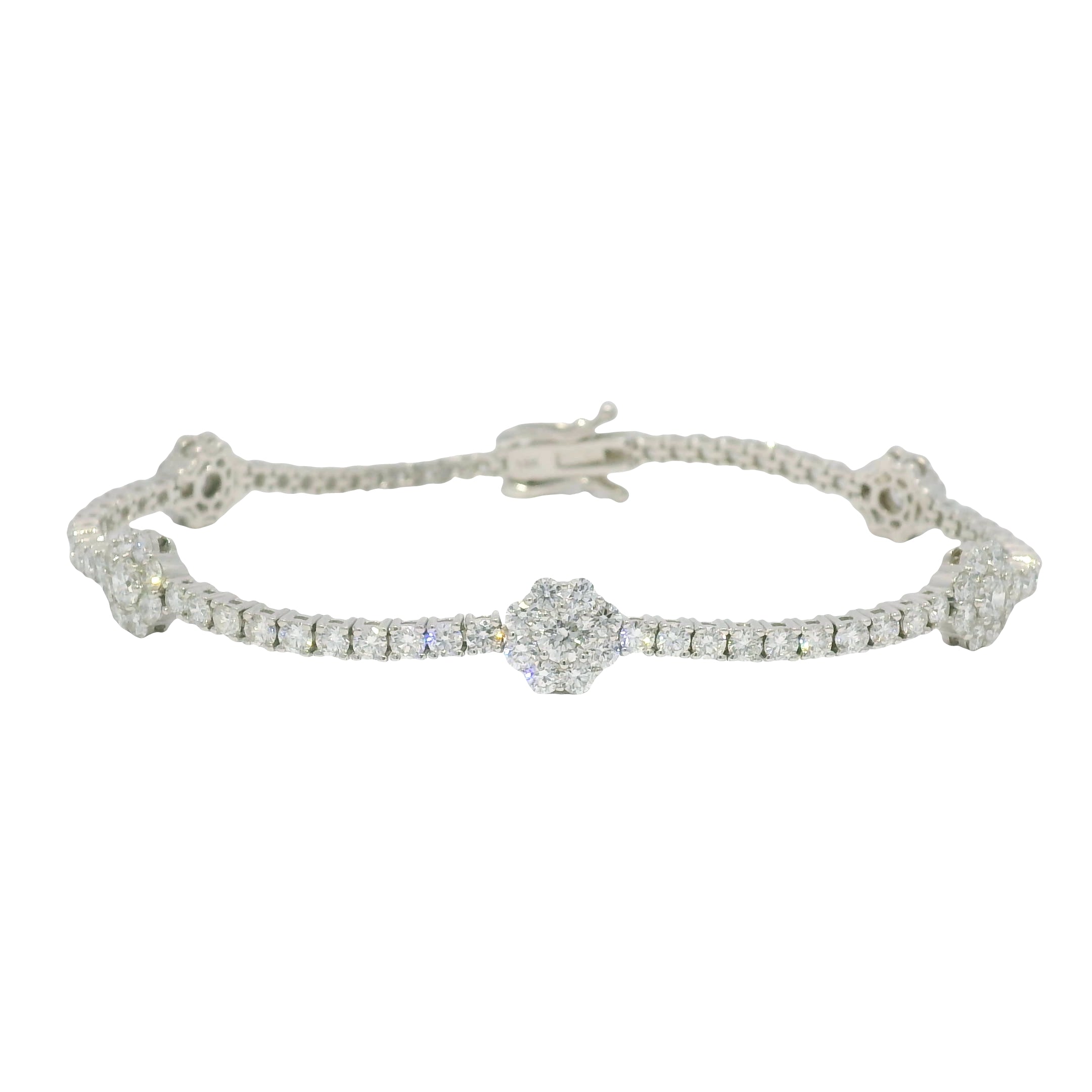 14K White Gold Natural Diamond Flower Station Tennis Bracelet
