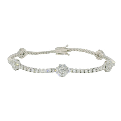 14K White Gold Natural Diamond Flower Station Tennis Bracelet