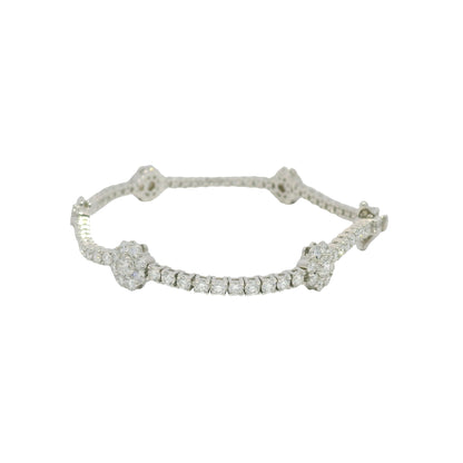 14K White Gold Natural Diamond Flower Station Tennis Bracelet