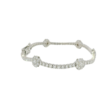 14K White Gold Natural Diamond Flower Station Tennis Bracelet