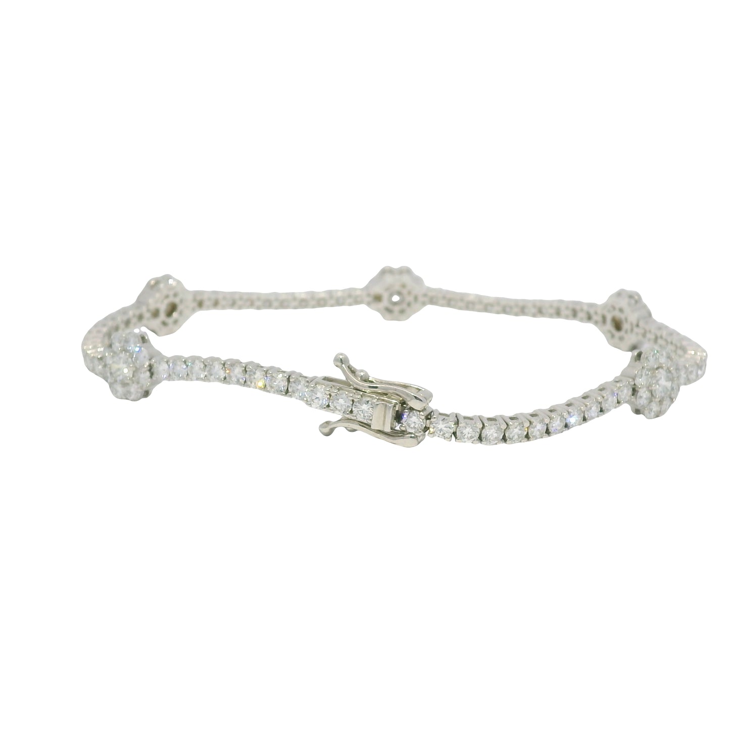 14K White Gold Natural Diamond Flower Station Tennis Bracelet
