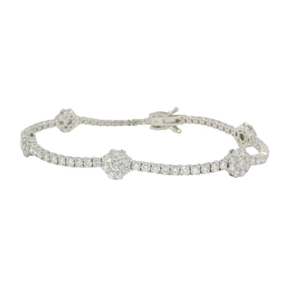 14K White Gold Natural Diamond Flower Station Tennis Bracelet
