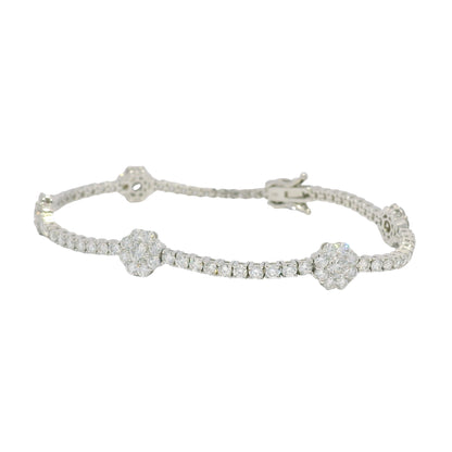 14K White Gold Natural Diamond Flower Station Tennis Bracelet
