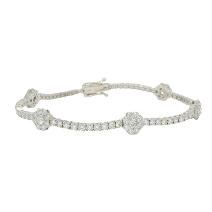 14K White Gold Natural Diamond Flower Station Tennis Bracelet