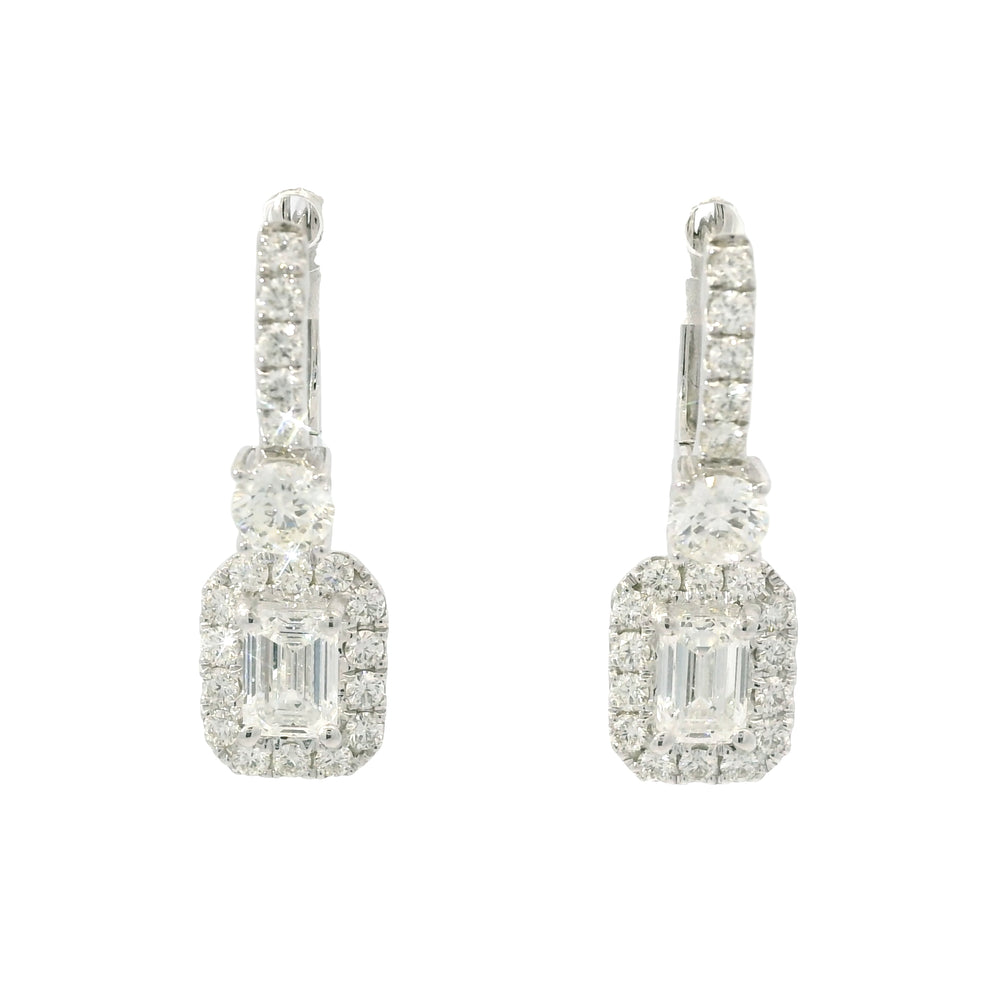 14K White Gold Natural 2.29 Carat Emerald Cut & Round Diamond Drop Earrings