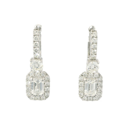 14K White Gold Natural 2.29 Carat Emerald Cut & Round Diamond Drop Earrings