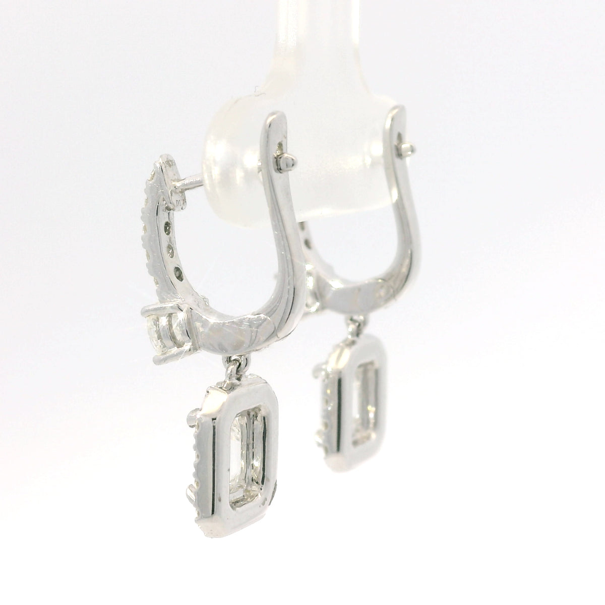 14K White Gold Natural 2.29 Carat Emerald Cut & Round Diamond Drop Earrings