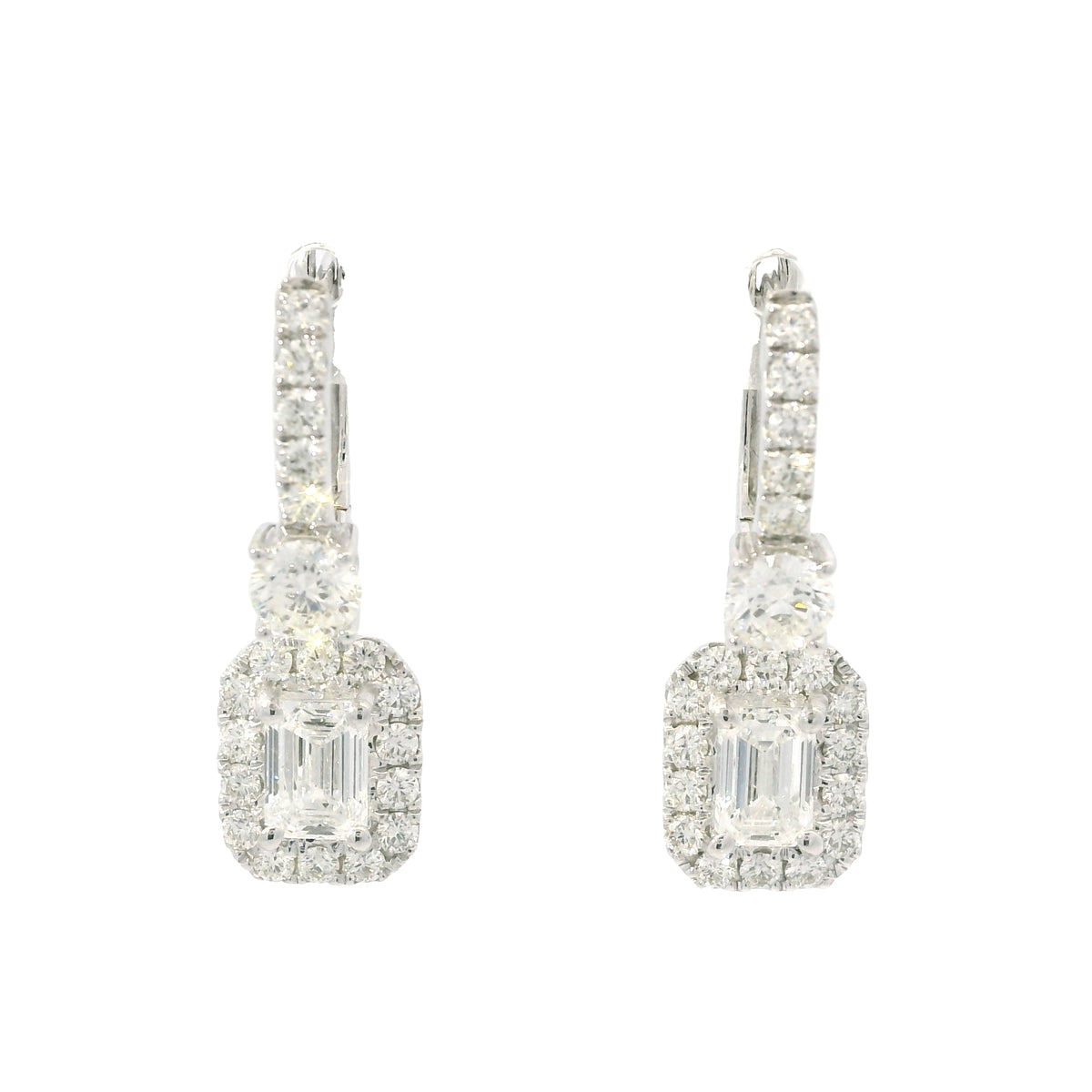 14K White Gold Natural 2.29 Carat Emerald Cut & Round Diamond Drop Earrings