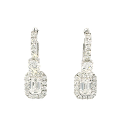 14K White Gold Natural 2.29 Carat Emerald Cut & Round Diamond Drop Earrings