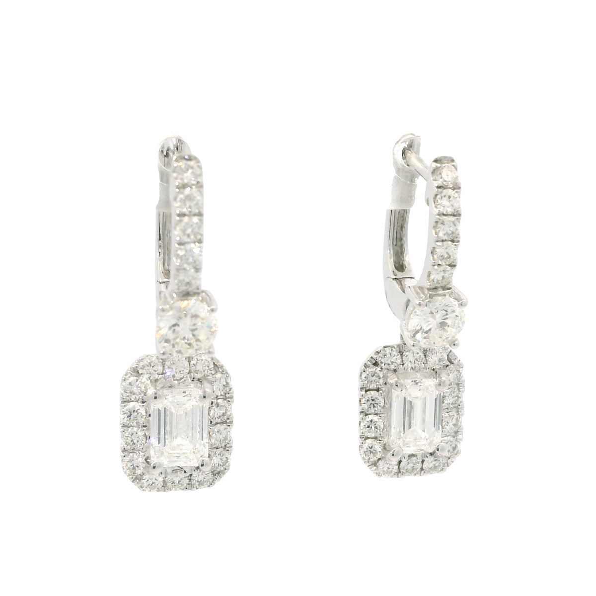 14K White Gold Natural 2.29 Carat Emerald Cut & Round Diamond Drop Earrings