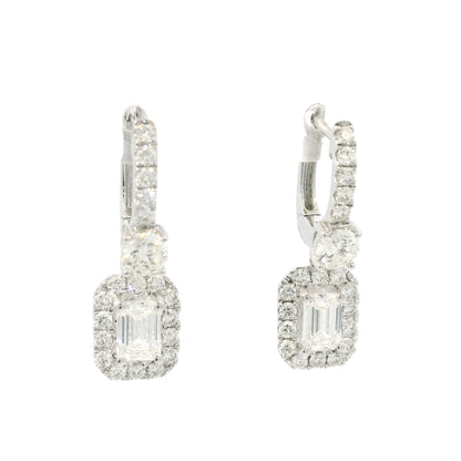 14K White Gold Natural 2.29 Carat Emerald Cut & Round Diamond Drop Earrings