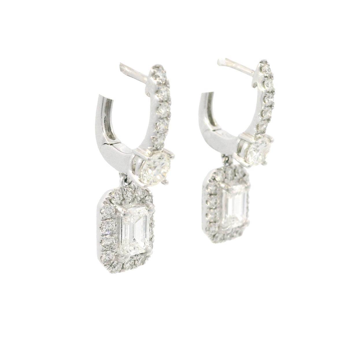 14K White Gold Natural 2.29 Carat Emerald Cut & Round Diamond Drop Earrings