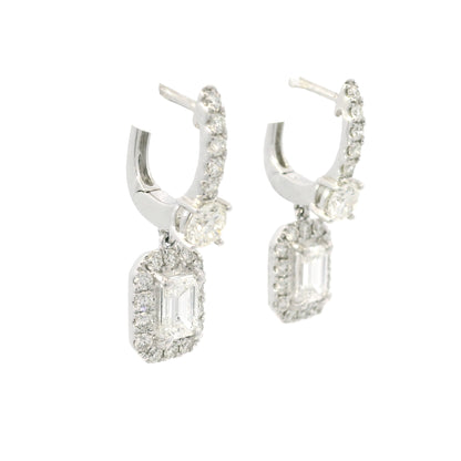 14K White Gold Natural 2.29 Carat Emerald Cut & Round Diamond Drop Earrings